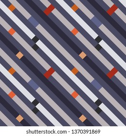 Seamless geometric stripy pattern. Texture of diagonal strips, lines. Colored rectangles on dark gray, orange, blue gray striped background. Night city concept. Vector.