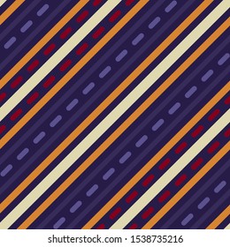 Seamless geometric stripy pattern. Texture of diagonal strips, dash lines. Colored strokes on striped background. Way, road, path, traffic, night city concept. Vector
