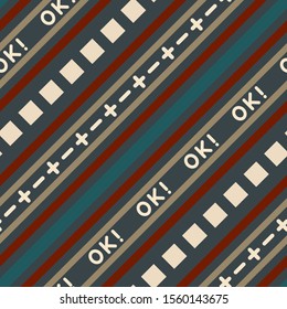 Seamless geometric stripy pattern. Texture of diagonal strips, dash lines, OK. Fashion for professional. Strokes on striped colored background. Advantage disadvantage manager trend concept. Vector