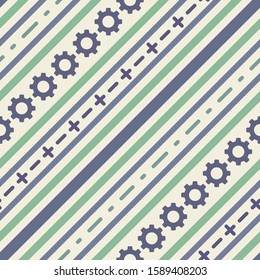 Seamless geometric stripy pattern. Texture of diagonal strips, dash lines, gear strokes. Fashion for professional. Manager, solution trend concept. Green blue colored background. Vector