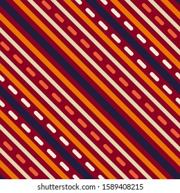 Seamless geometric stripy pattern. Texture of diagonal strips, dash lines. Colored strokes on striped background. Way, road, path, traffic, night city concept. Vector