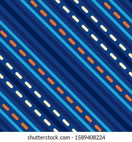 Seamless geometric stripy pattern. Texture of diagonal strips, dash lines. Colored strokes on striped background. Way, road, path, traffic, night city concept. Vector