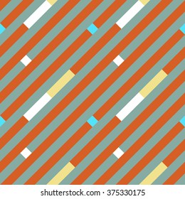 Seamless geometric stripy pattern. Texture of diagonal strips, lines. Yellow, white rectangles on gray, orange striped background. Baby, children colored. Vector
