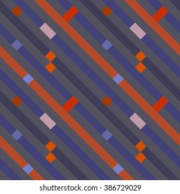 Seamless geometric stripy pattern. Texture of diagonal strips, lines. Rectangles on blue, orange, gray striped background. Hipster colored. Vector