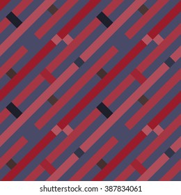 Seamless geometric stripy pattern. Texture of diagonal strips, lines. Rectangles on blue, gray, red violet pastel striped colored background. Labyrinth theme. Vector