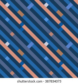 Seamless geometric stripy pattern. Texture of diagonal strips, lines. Rectangles on blue, orange, gray striped background. Hipster colored. Vector