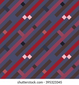 Seamless geometric stripy pattern. Texture of diagonal strips, lines and rectangles. Brown, rosybrown, blue pastel colored background. Labyrinth theme. Vector