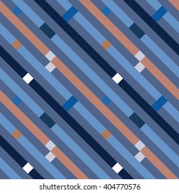 Seamless geometric stripy pattern. Texture of diagonal strips, lines. Rectangles on blue, orange, gray striped background. Baby, children colored. Vector