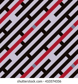 Seamless geometric stripy pattern. Texture of diagonal strips, lines and rectangles. Red, gray, black colored background. Labyrinth theme. Vector