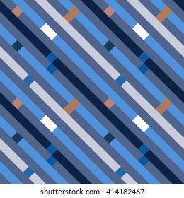 Seamless geometric stripy pattern. Texture of diagonal strips, lines. Rectangles on blue, orange, gray striped background. Vector