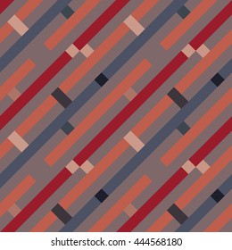 Seamless geometric stripy pattern. Texture of diagonal strips, lines. Rectangles on orange, red, gray striped background. Vector