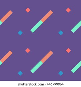 Seamless geometric stripy pattern. Texture of diagonal strips. Blue, orange, pink rectangles and squares on violet background. Baby, children colored. Vector