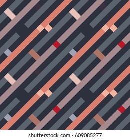 Seamless geometric stripy pattern. Texture of diagonal strips, lines. Rectangles on orange, gray, red striped background. Vector