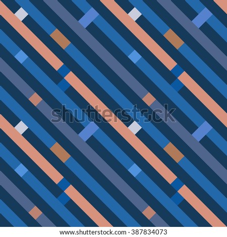 Seamless geometric stripy pattern. Texture of diagonal strips, lines. Rectangles on blue, orange, gray striped background. Hipster colored. Vector