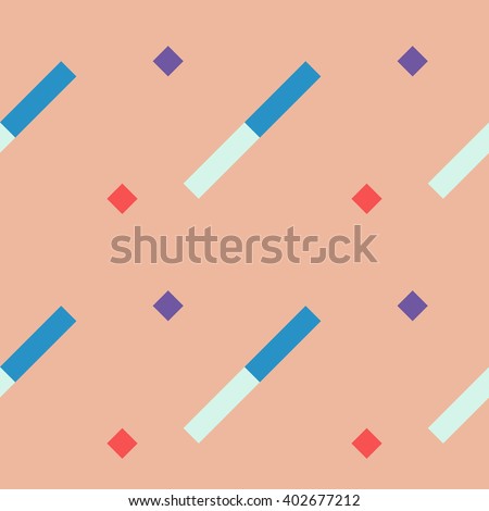 Seamless geometric stripy pattern. Texture of diagonal strips. Blue, red, white rectangles and squares on warm rosy soft background. Baby, children colored. Vector