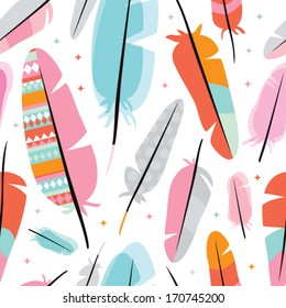 Seamless geometric style feather with aztec detail illustration background pattern in vector