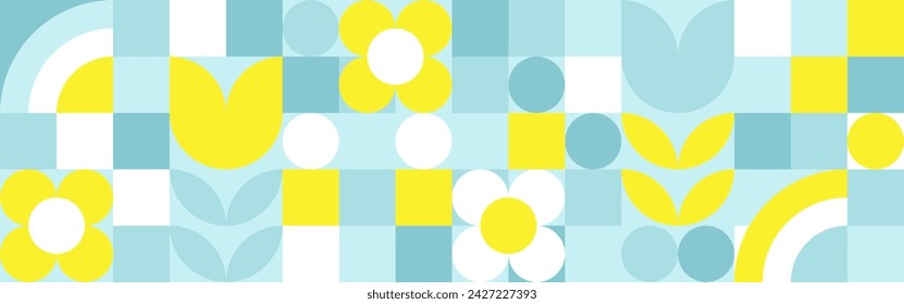 Seamless geometric summer background from flowers ornament, bright textiles and wallpaper. Daisies and bells in yellow and blue sunny shades for packaging goods and gifts.