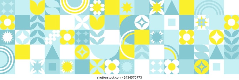 Seamless geometric summer background from flowers ornament, bright textiles and wallpaper. Daisies and bells in yellow and blue sunny shades for packaging goods and gifts.