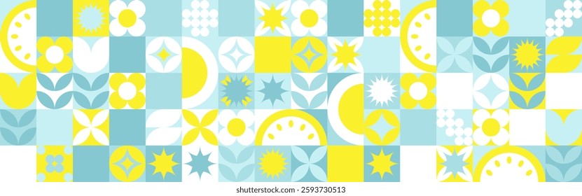 Seamless geometric summer background from flowers ornament, bright textiles and wallpaper. Daisies and bells in yellow and blue sunny shades for packaging goods and gifts.