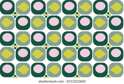 Seamless geometric surface pattern of bright polka dots in pink green cells on a dark green background. ​Modern background for printing on fabric and paper