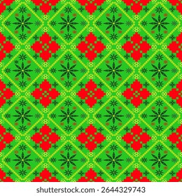 Seamless geometric textile pattern featuring symmetrical diamond shapes in festive green and red tones. The design combines intricate pixel-style motifs and star-like accents, evoking cultural