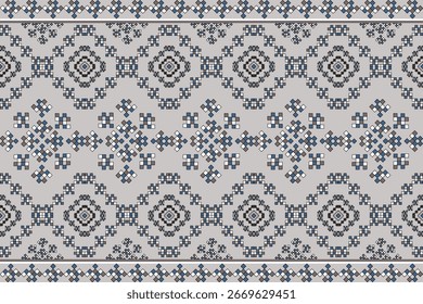 Seamless geometric textile pattern with pixel-style motifs in blue, gray, and black on a light background. Traditional cross-stitch inspired design for fabric, wallpaper, or decoration.