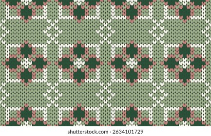 Seamless geometric textile pattern with traditional woven look in green, cream, and pink hues. Perfect for fabric, wallpaper, or digital design.