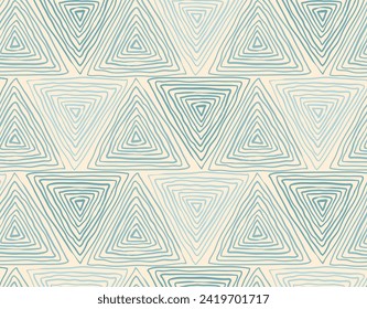 Seamless geometric texture of concentric hand drawn casual triangle shapes. Abstract blue on beige watercolor background with op-art effect.