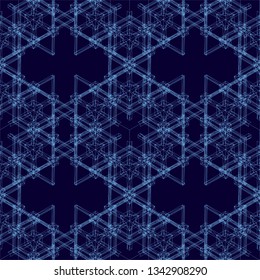 Seamless geometric texture. Contours of geometric shapes of blue lines on a dark background. 3D. Vector illustration