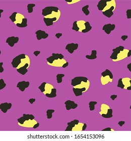 Seamless geometric texture, fashionable leopard spots on a purple background, vector. For printing on textiles, T-shirts, gift wrapping and summer products.