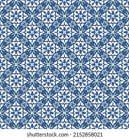 Textura geométrica sin inconvenientes de elementos florales. Resumen de motivos geométricos blancos sobre fondo azul.
