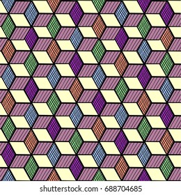 Seamless geometric texture with optical illusion. Shaded colorful cubes on the bright background in retro style. Vintage geometric pattern
