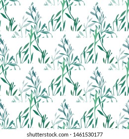 Seamless geometric texture with triangles of grass on a white background. Green branches with foliage. Natural pattern for fabrics, wallpapers and your creativity