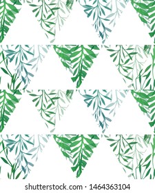 Seamless geometric texture with triangles of grass and fern in row on white background. Green branches with foliage. Natural pattern for fabrics, wallpapers and your creativity