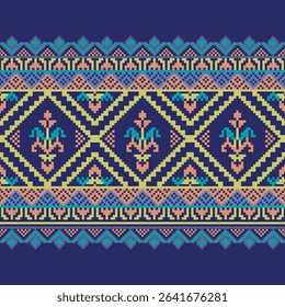 A seamless geometric Thai tribal design in pixel art style, featuring diamond-shaped floral motifs on a deep blue background.