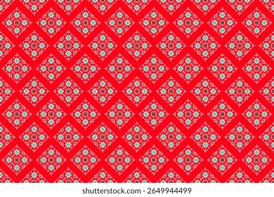 A seamless geometric Thai-style pattern featuring red diamonds and white floral motifs. Ideal for fabric prints, wallpapers, or cultural-themed design projects.