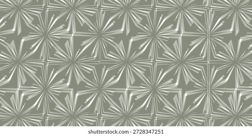 Ein nahtloses geometrisches Fliesendesign mit Sternzeichen-Motiven in gedecktem Grau und Weiß. Perfekter Hintergrund für Inneneinrichtung, Branding oder Produktaufnahmen, die eine stilvolle, retromoderne Textur suchen.