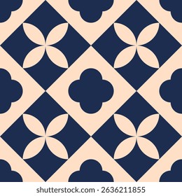 Um padrão de azulejos geométricos sem costura em azul marinho e tons de pêssego. Apresenta formas de inspiração floral em um layout de grade simétrico. Ideal para decoração moderna, têxteis ou projetos de impressão.