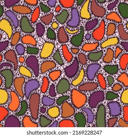 Impresión de tejas geométricas sin foco con formas redondeadas ovaladas que se asemejan a la textura de guijarros. Patrón de formas moleculares decorativas. Tacería de mosaico de piedra tallada. Estilo moderno y plano.
