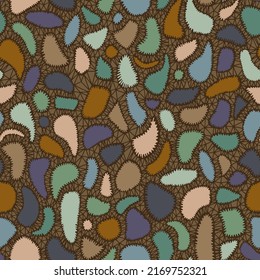 Seamless geometric tile print with oval rounded shapes resembling pebbles texture. Decorative molecular forms pattern. Paving stone mosaic tracery. Trendy flat style.