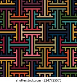 Seamless geometric traditional Sayagata pattern. Interlocking multicolored elements in the shape of keys. Classic oriental ornament.  Ancient ethnic mosaic pattern. Vector art illustration.
