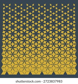 Padrão de transição geométrica uniforme de estrelas florais para cubos 3D em ouro e cinza ardósia.