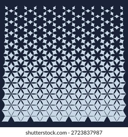 Patrón de transición geométrica transparente de estrellas florales a cubos 3D en azul oscuro y azul claro.