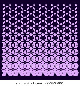 Nahtloses geometrisches Übergangsmuster von Blumensternen zu 3D-Würfeln auf violettem und dunklem Hintergrund.