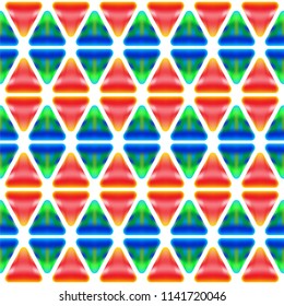 Seamless geometric triangle background pattern in vector. Neon colored blue, green, red, yelow, print design.