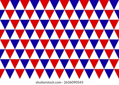 Seamless geometric triangle pattern with alternating red, blue, and white colors. Modern and vibrant design suitable for backgrounds, textiles, packaging, and digital applications.