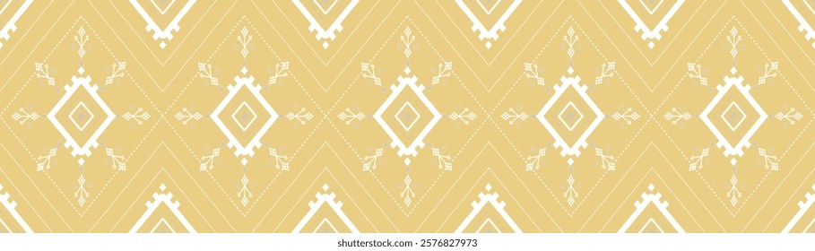 Seamless geometric tribal border, white and light brown diamond shapes, on a beige background. ethnic textile patterns,abstract backgrounds. Suitable for fabric prints,wallpapers,backgrounds