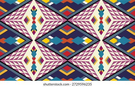Nahtloses geometrisches Stamm-Diamantmuster mit bunten aztekisch inspirierten Motiven in Marine, Creme, Teal, Gelb und Rot, ideal für Boho-Textilien, ethnisches Dekor, moderne Tapeten und Oberflächendesign.
