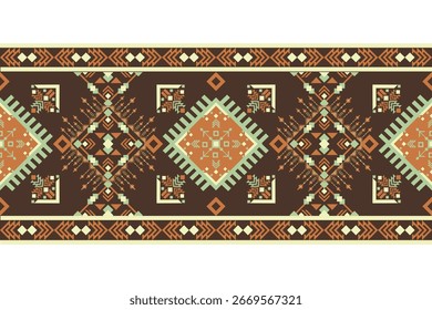 Seamless geometric tribal ethnic pattern with traditional motifs in earthy tones of brown, orange, green