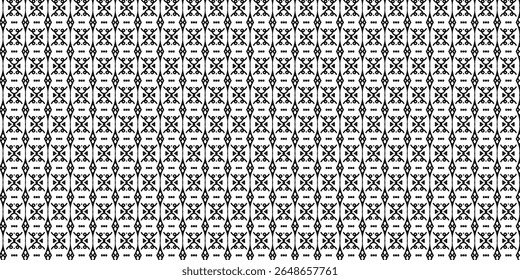 Seamless geometric tribal pattern with abstract black symbols on white background. Perfect for textile, wallpaper, and decorative design. Includes bold ethnic motifs.